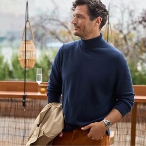 Lands End Men's Navy Blue Cashmere Turtleneck Sweater